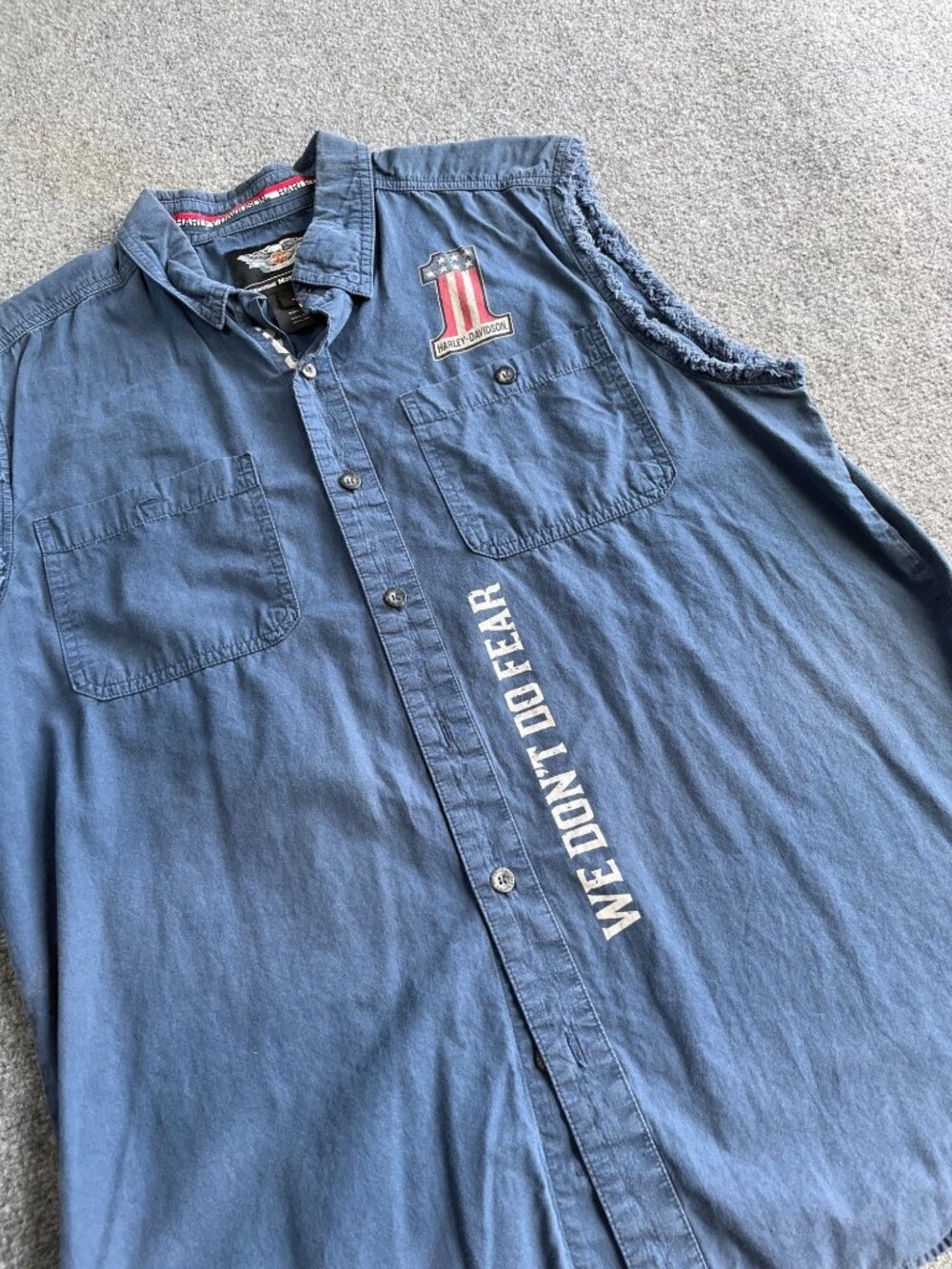 Harley-Davidson Sleeveless Button-Up Denim Shirt Blue Mens L Cotton USA